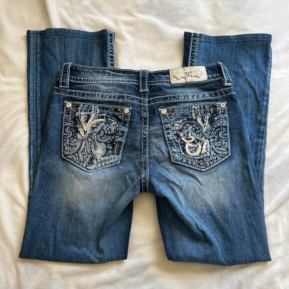Miss Me Midrise Bootcut Blue Denim Cowgirl Jeans with Rhinestones Size 38 x 31 - Picture 2 of 8